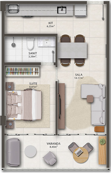 Planta do apartamento quarto e sala tipo 2